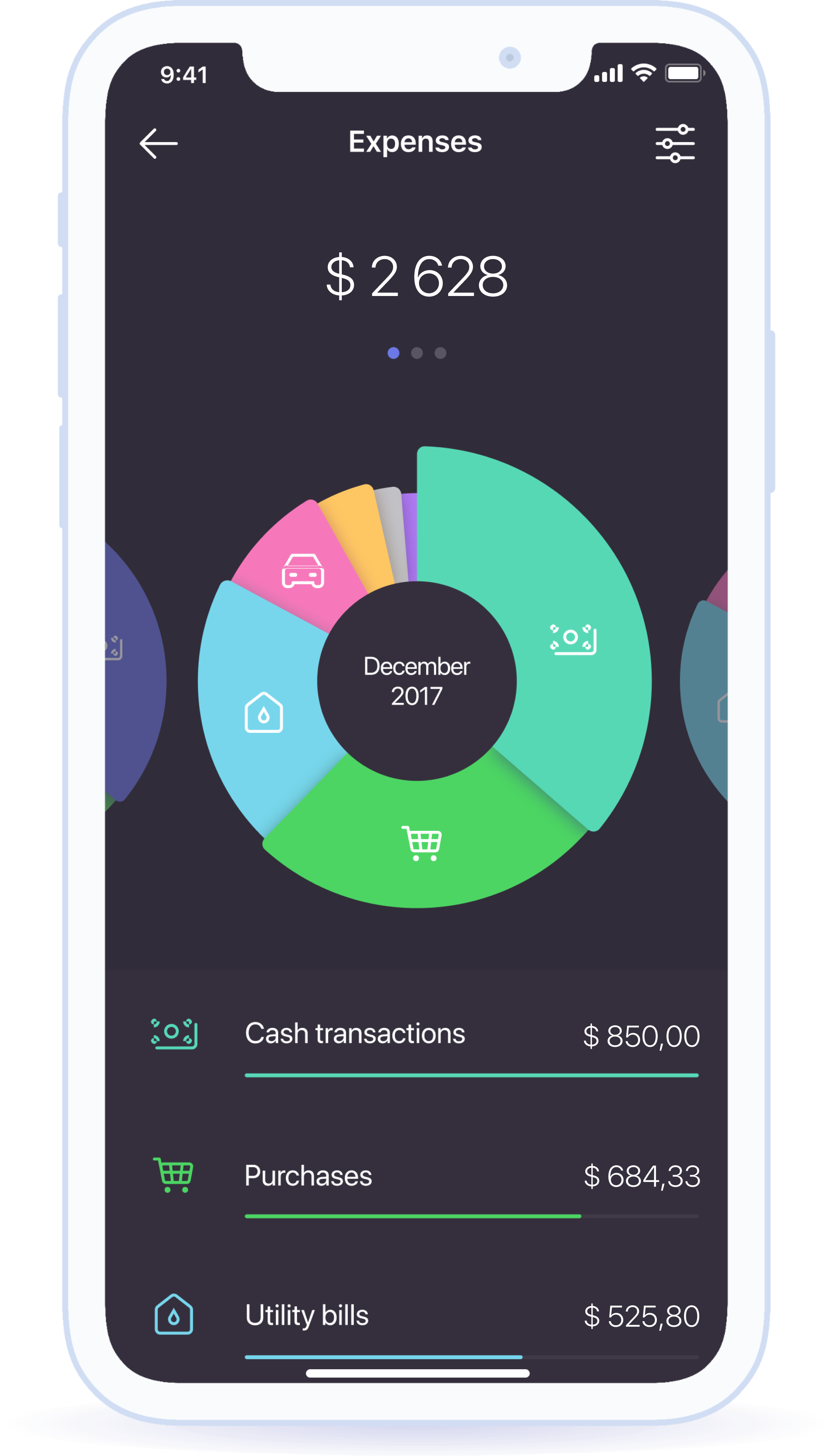 Visualization of income and expenses with the ability to filter
