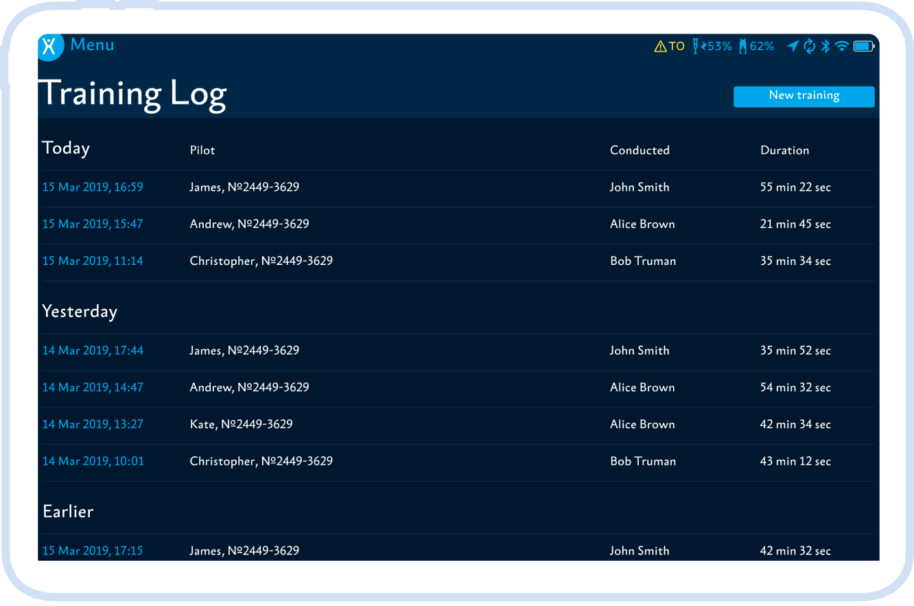 Storing training information and synchronizing it with the ExoCloud server