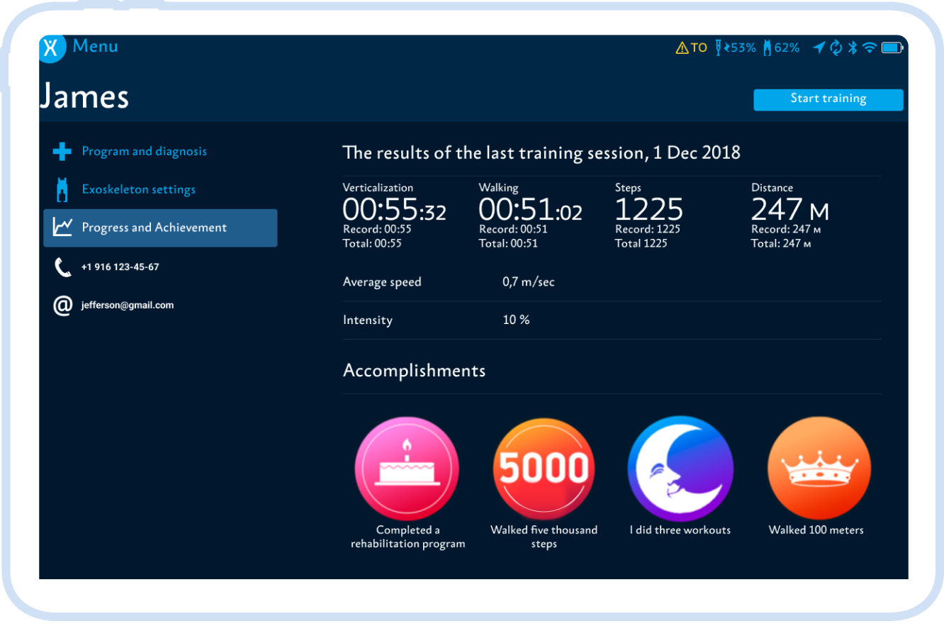 Viewing and receiving e-mail reports on the patient's training and progress