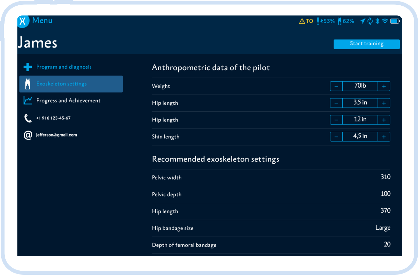 Exoskeleton adjustment and calibration in service mode (adapting the exoskeleton to the patient takes no more than 10 minutes)