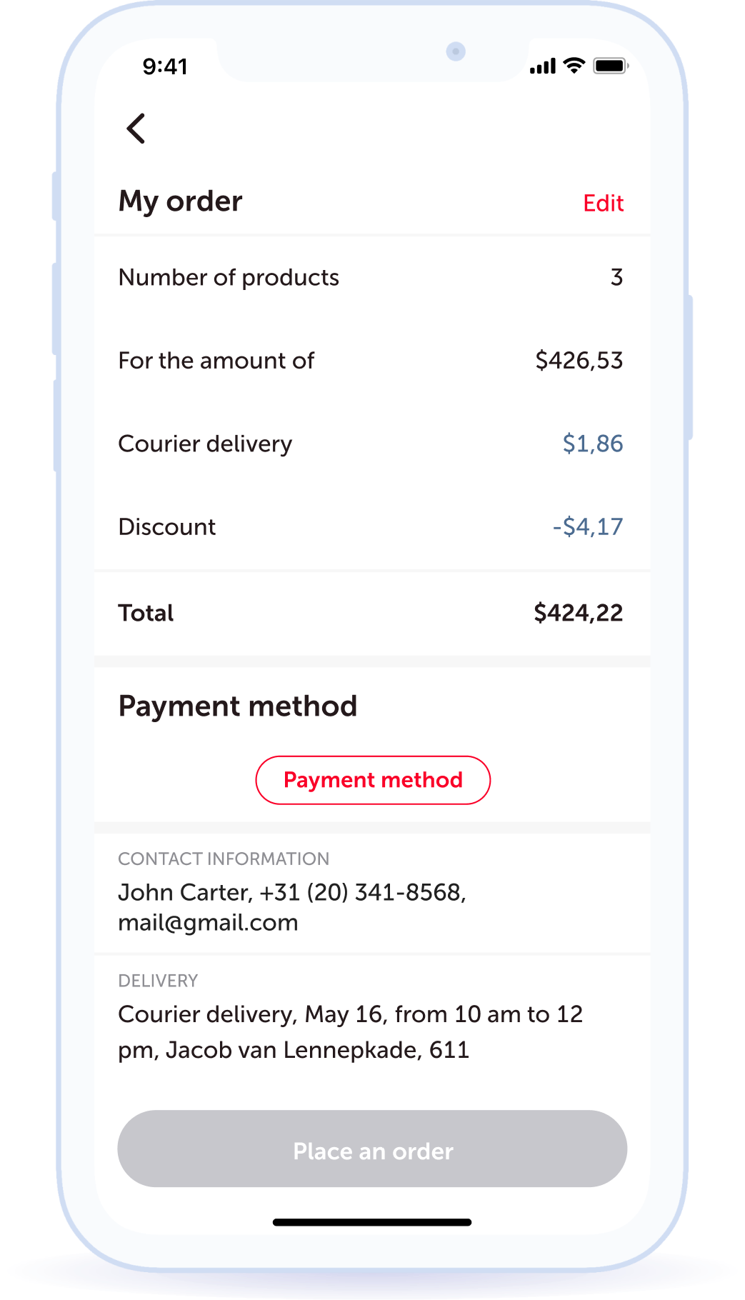 Choosing payment and delivery methods and the time frame for receiving them