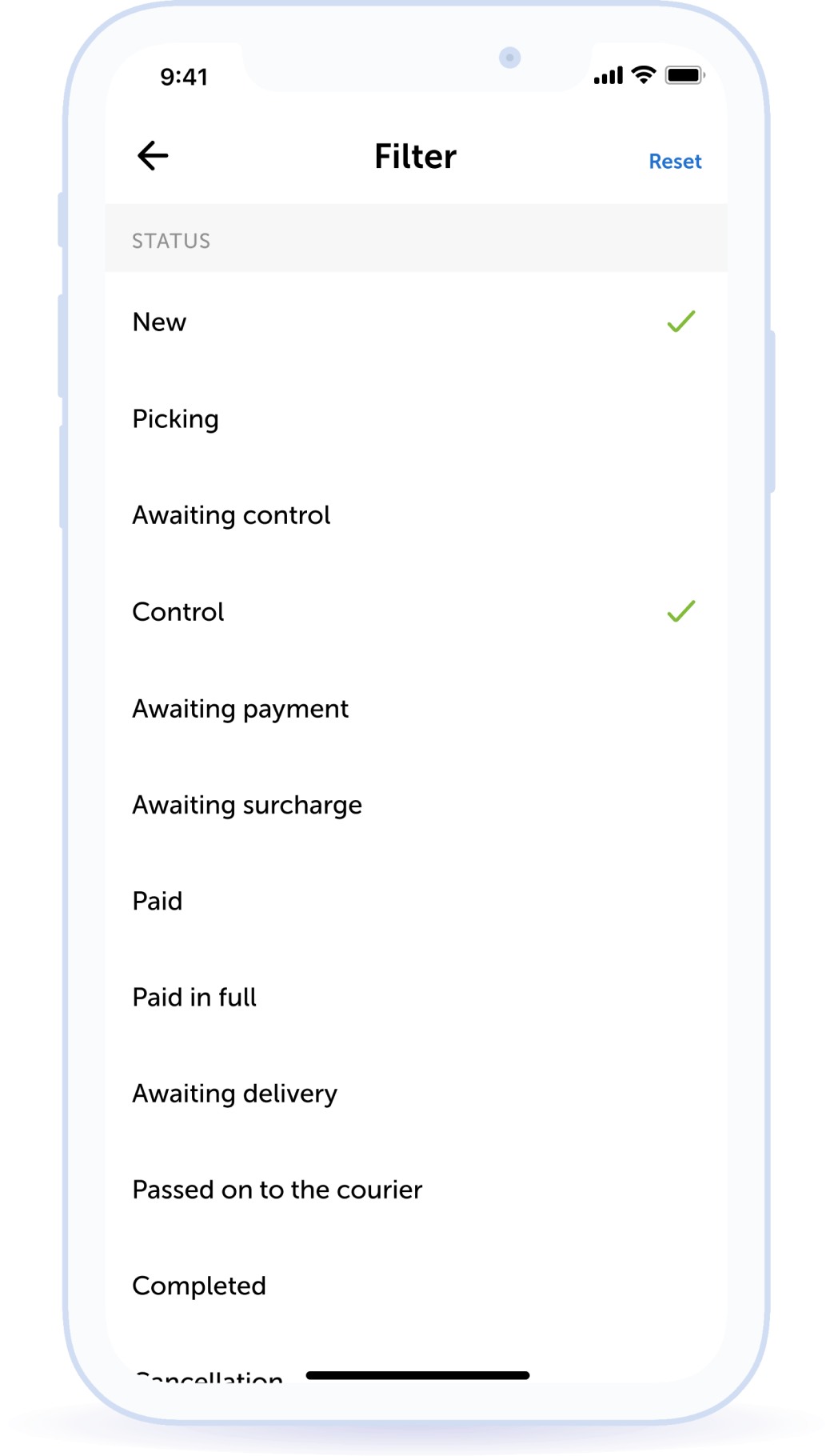 Filtering orders by status, monitoring of order packaging and order payment