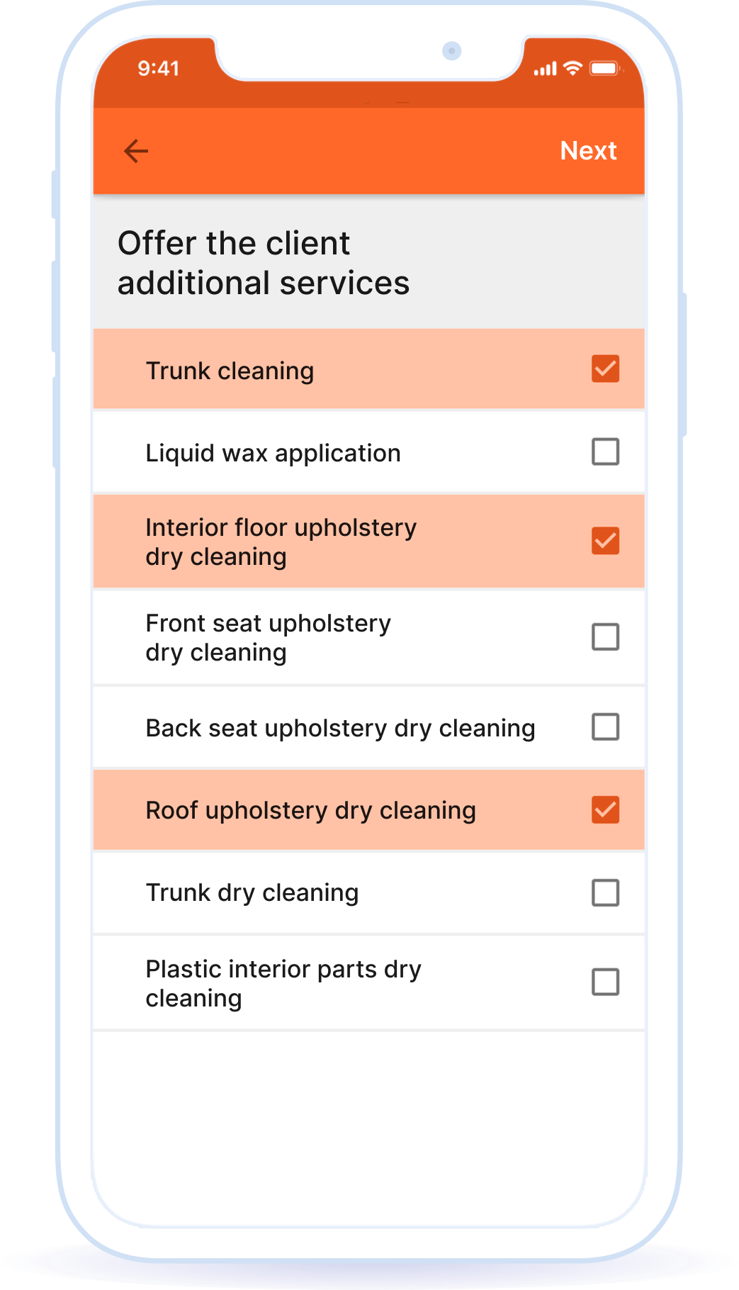 Calculating services and creating an order for a car wash