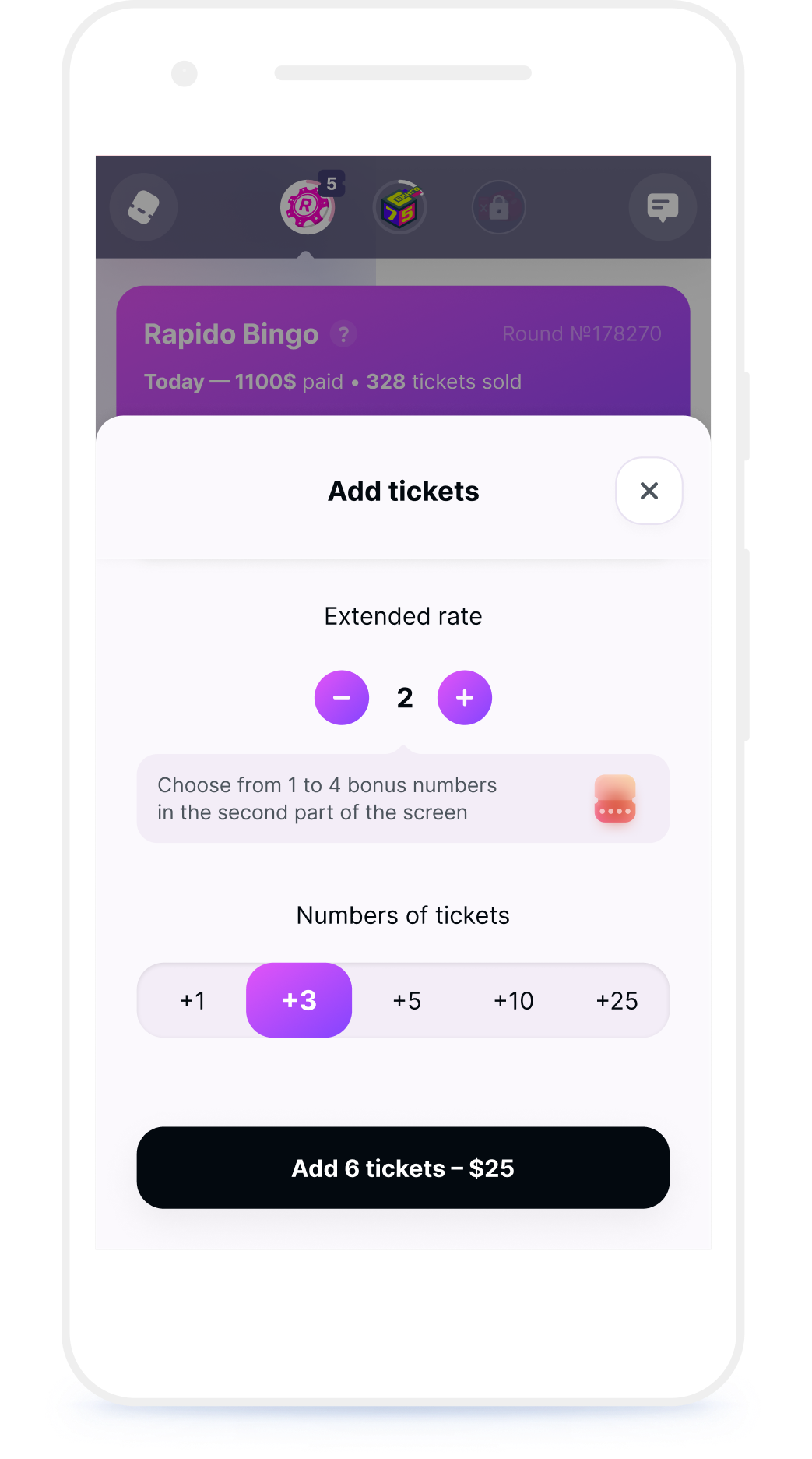 Showing purchased tickets and draws, leaderboard results