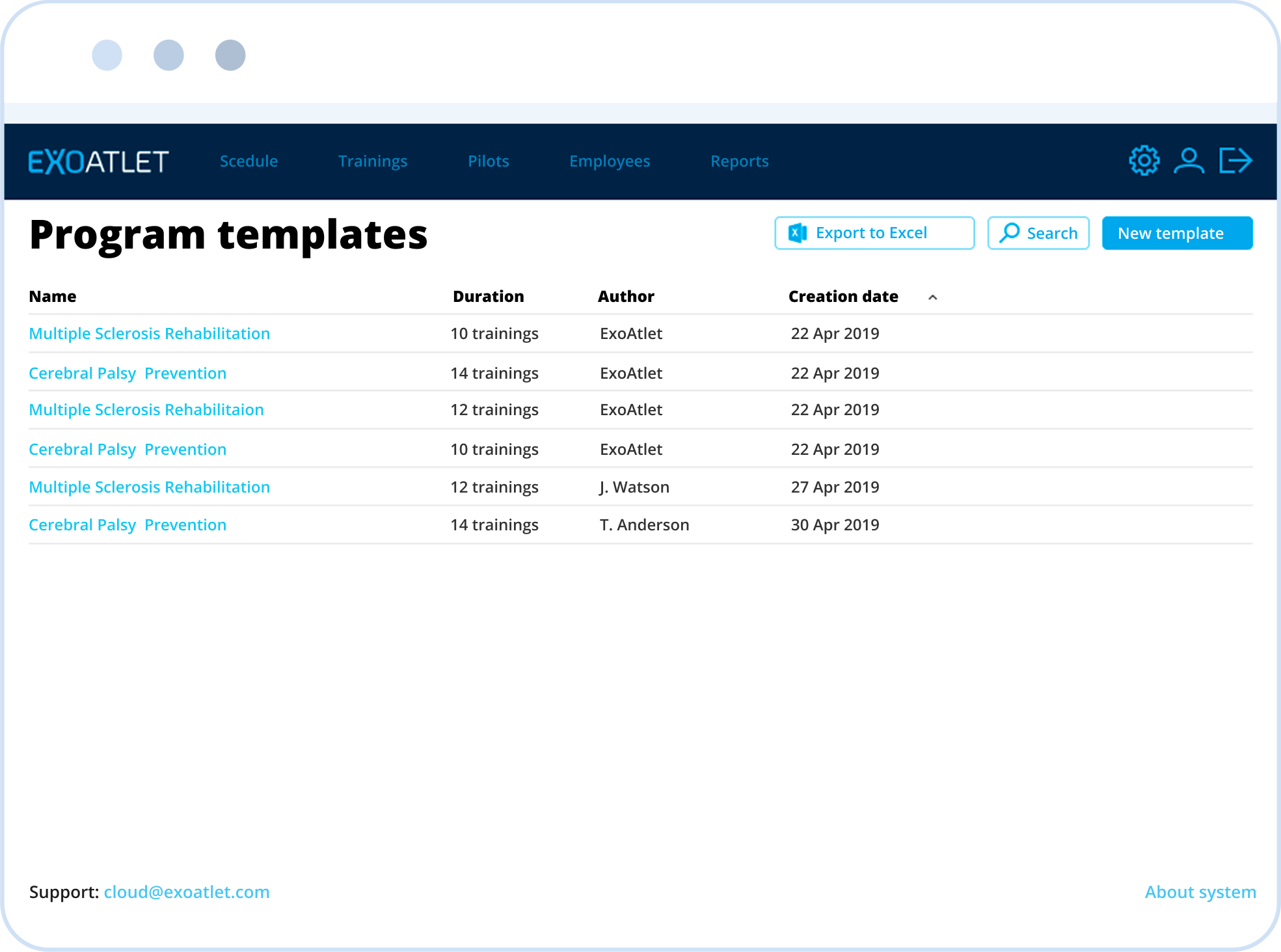 Management of system settings, stimulation techniques, training program templates, logs and users