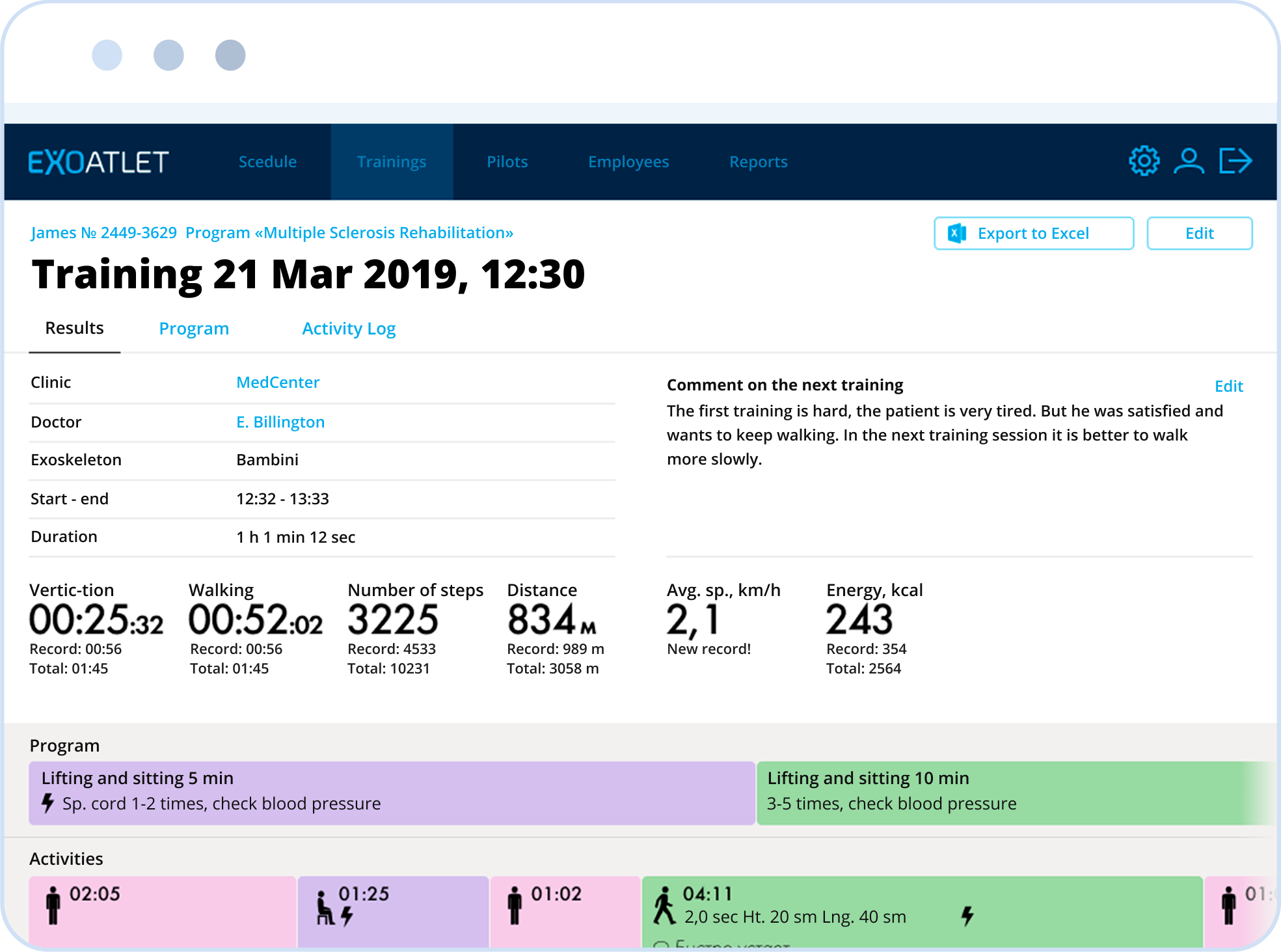 Report on patient trainings, collection of analytical information on the rehabilitation results