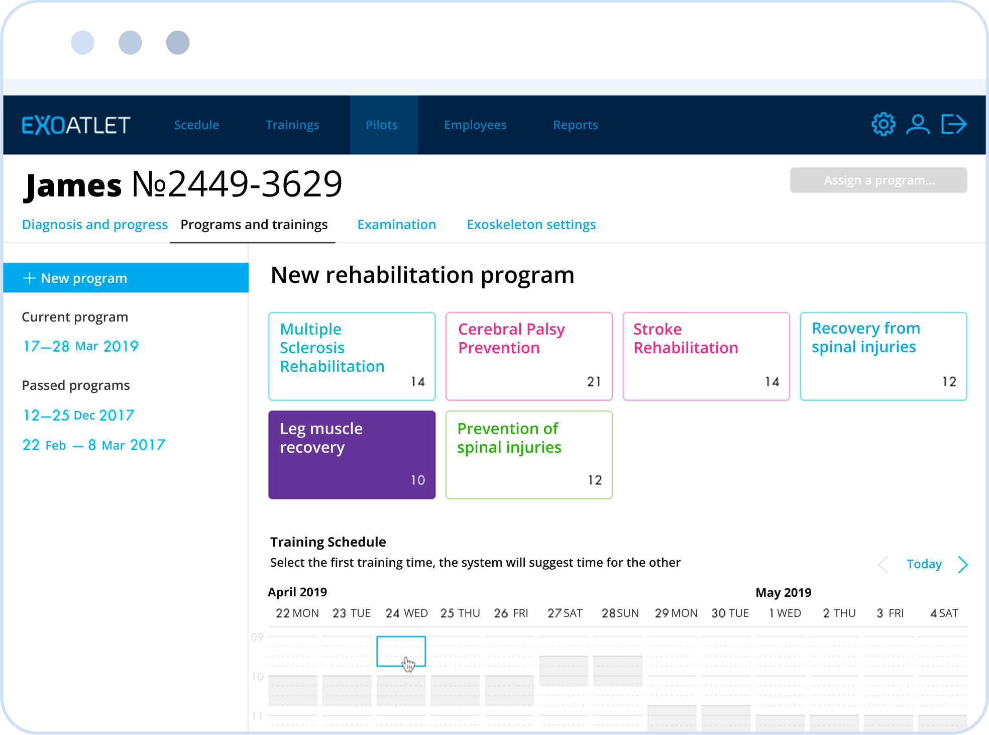 Selecting a rehabilitation program for a patient, supervision of the tasks