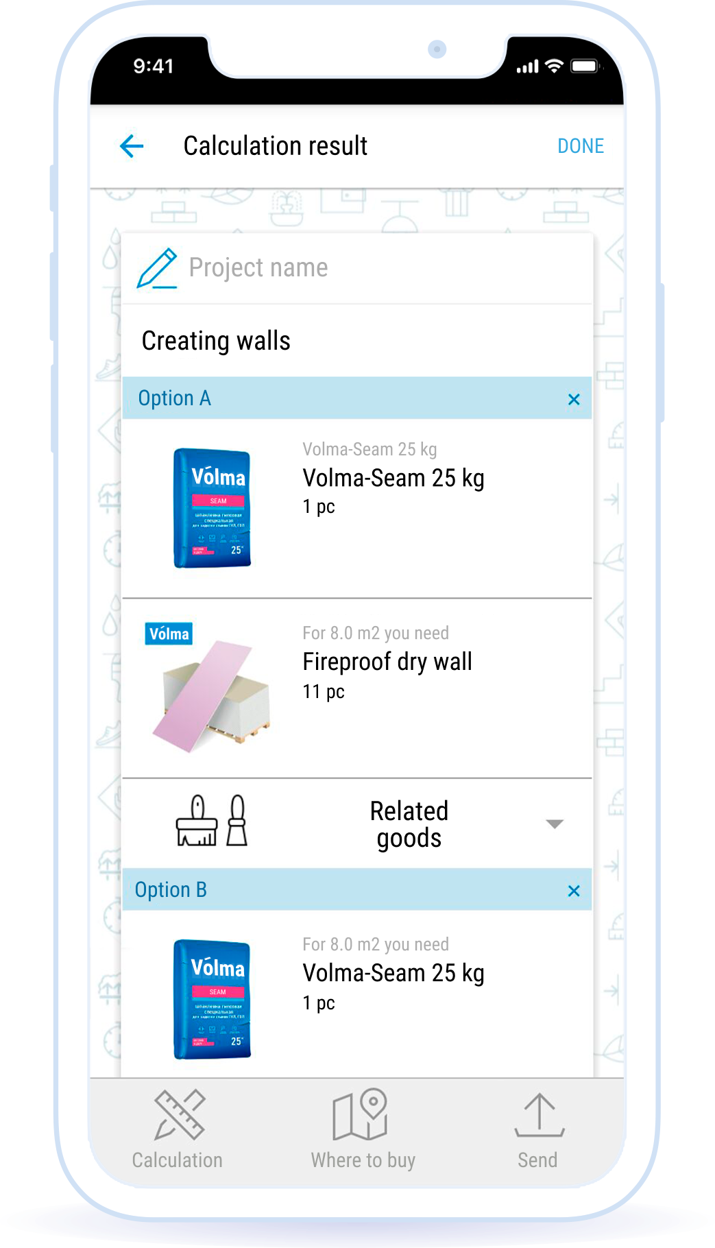Calculators by material type: plasters, fillers, mortars, tile adhesives, primers and special mortars, drywall, etc.