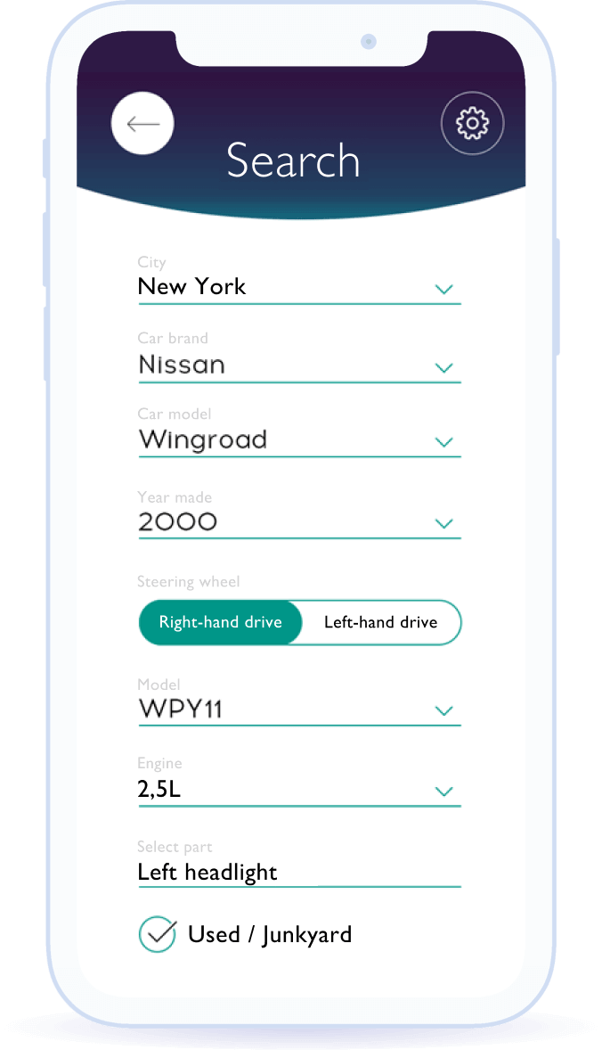 Auto parts search according to set parameters: car make and model, steering wheel position, engine displacement, part name, and article number