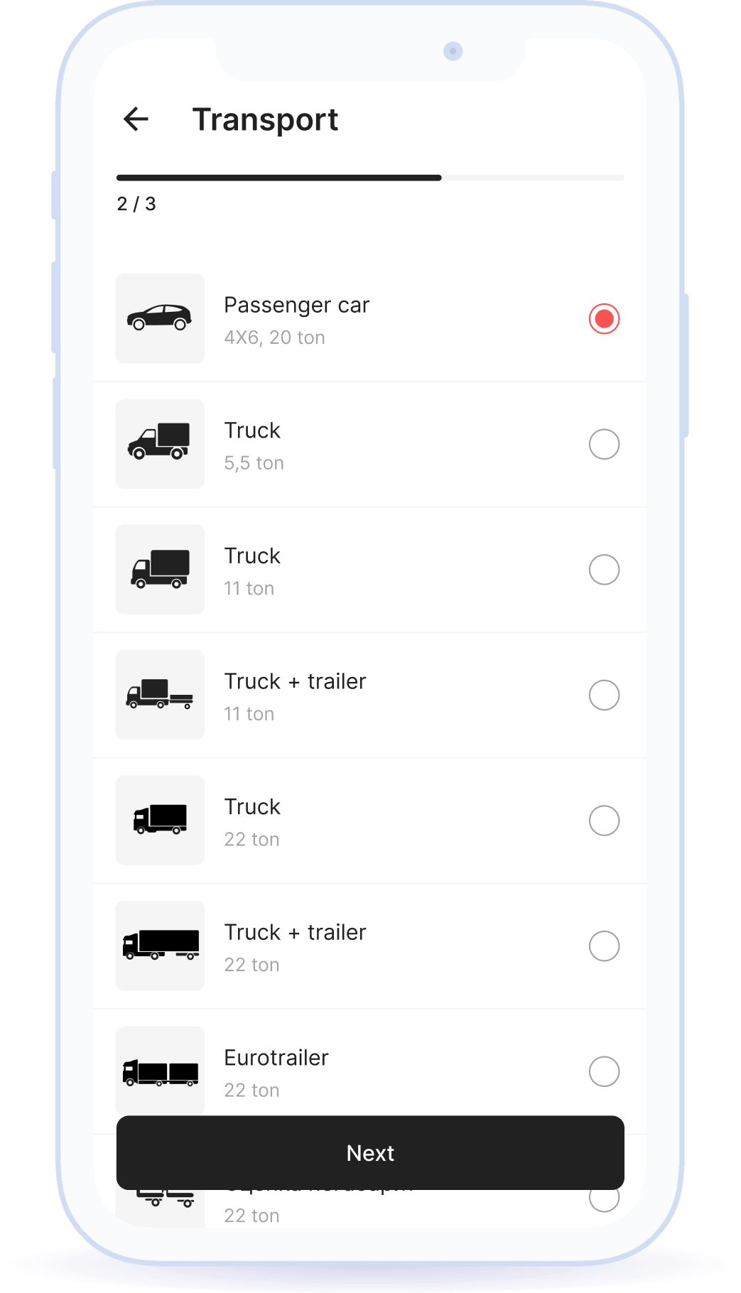 Personalization: The driver sees the maps of only locations that match the type of vehicle specified upon registration of their profile.