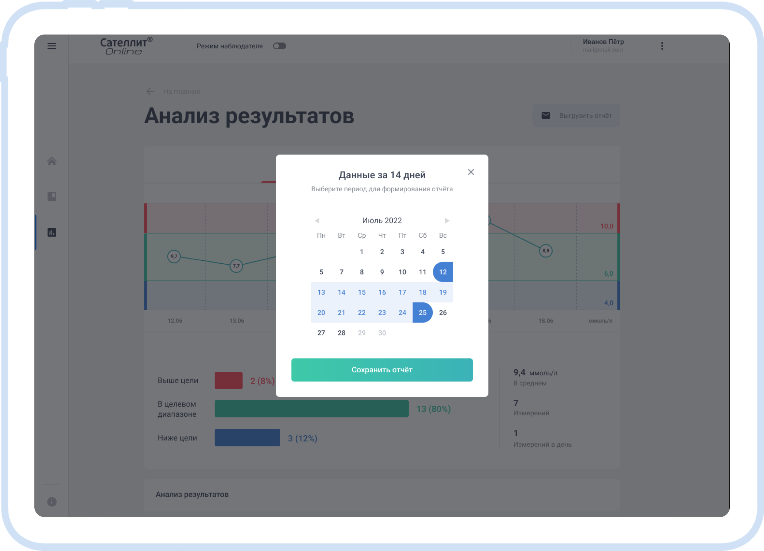 Режим наблюдателя у ответственного врача: он может отслеживать состояние и показатели своего пациента в веб-версии приложения