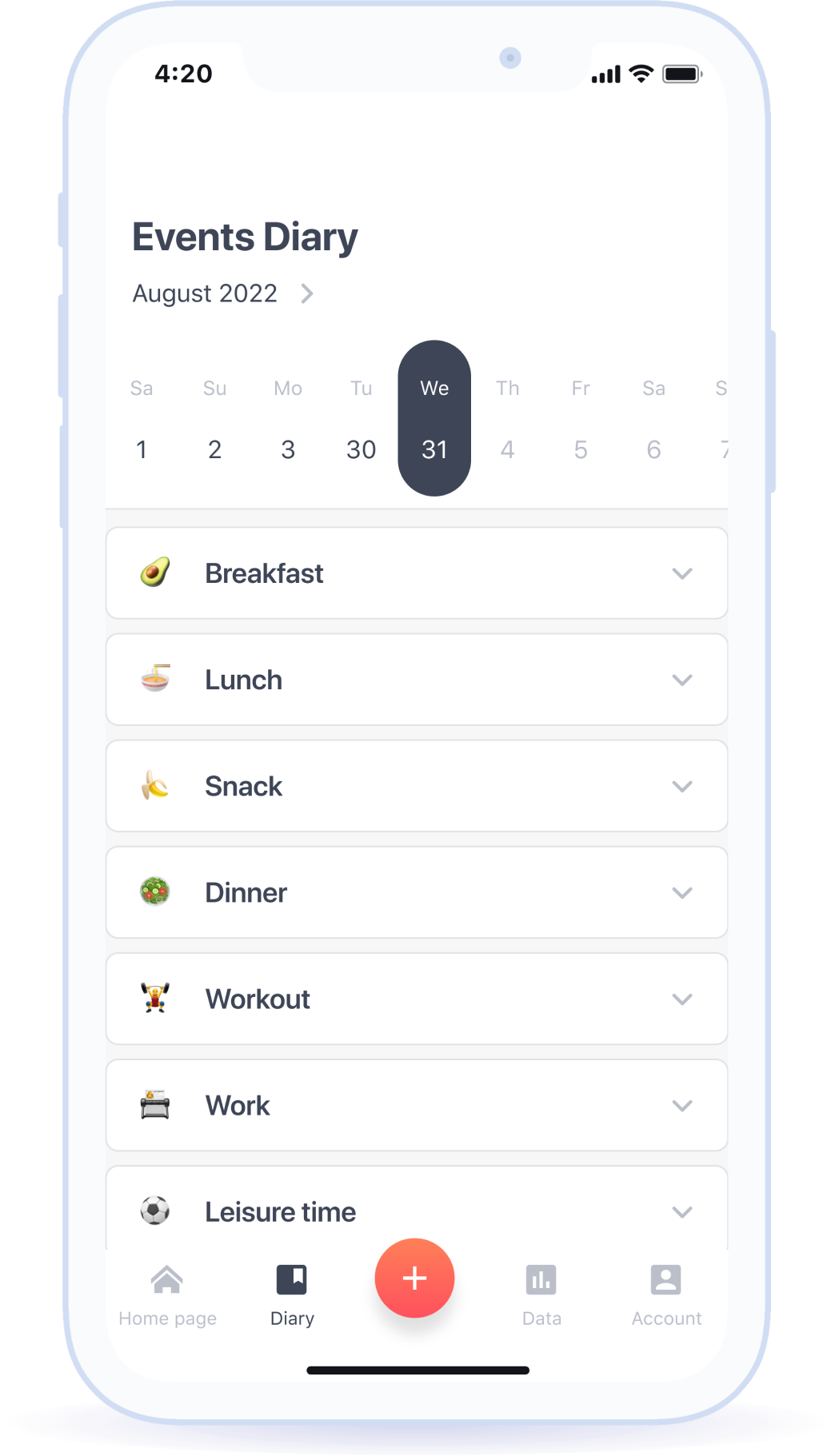 Event Diary: users can add activities (meals, medications, etc.) and their duration to diary. Users can also view events for the day, month, or any other period of time.