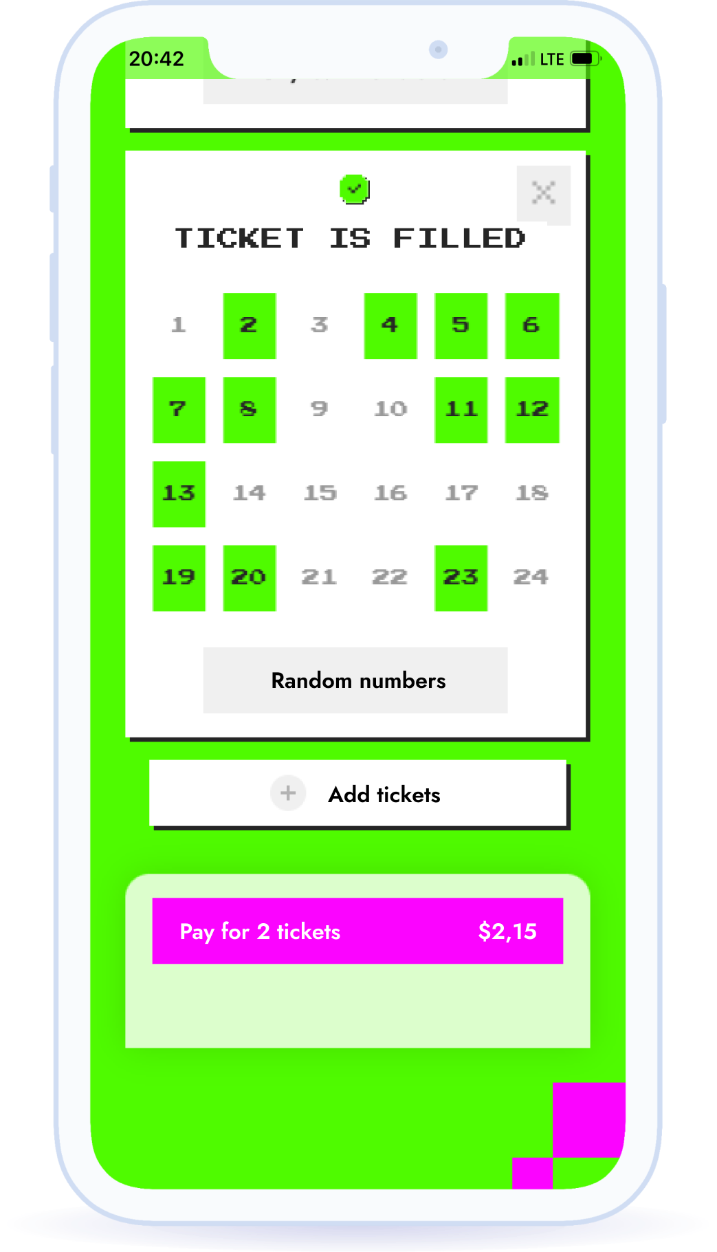Interactive display of random numbers in the ticket