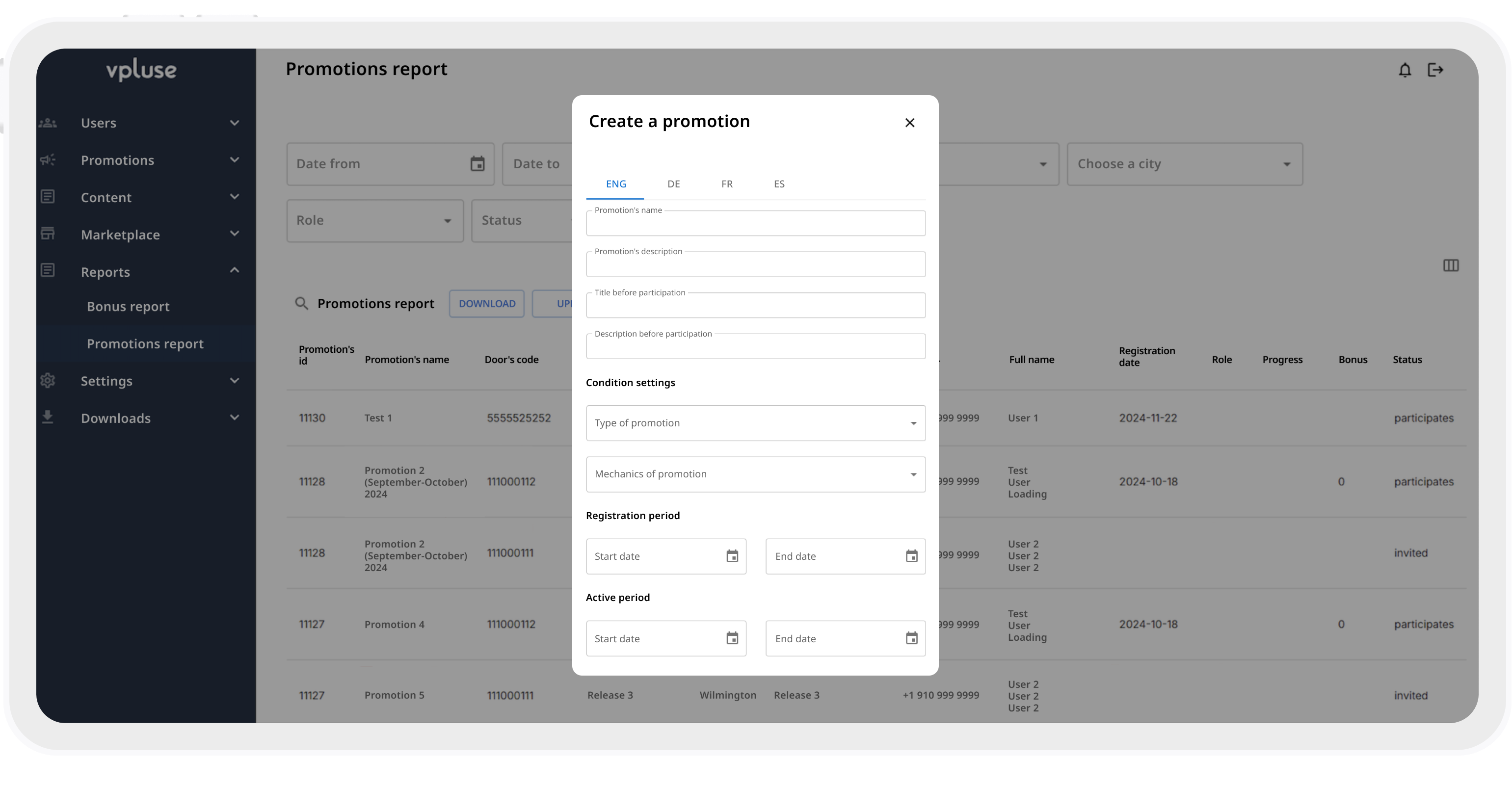 Admin panel: managing retail stores, users, promotions and competitions