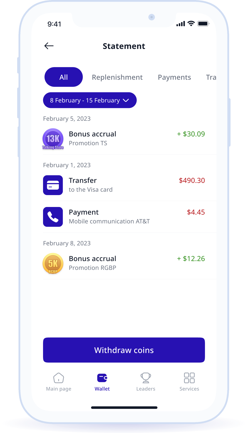 Transaction history for the selected period