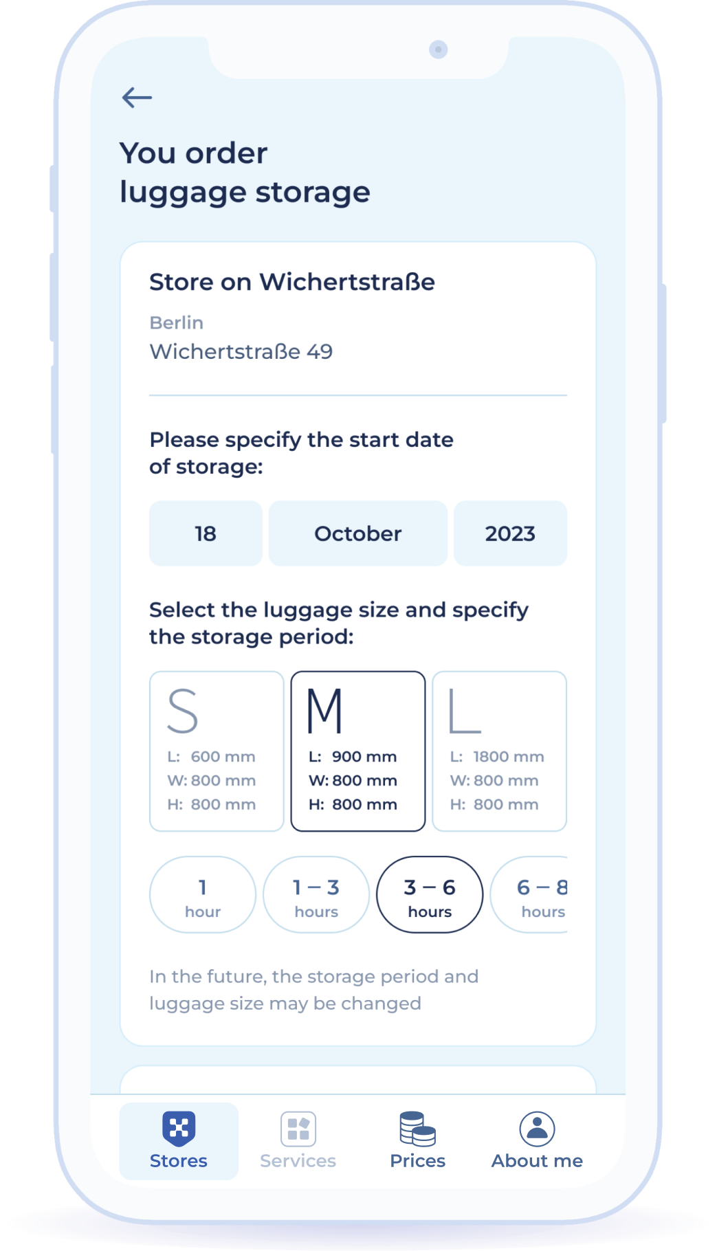 Ordering storage for yourself or for another person: choosing a storage facility, storage period, luggage size
