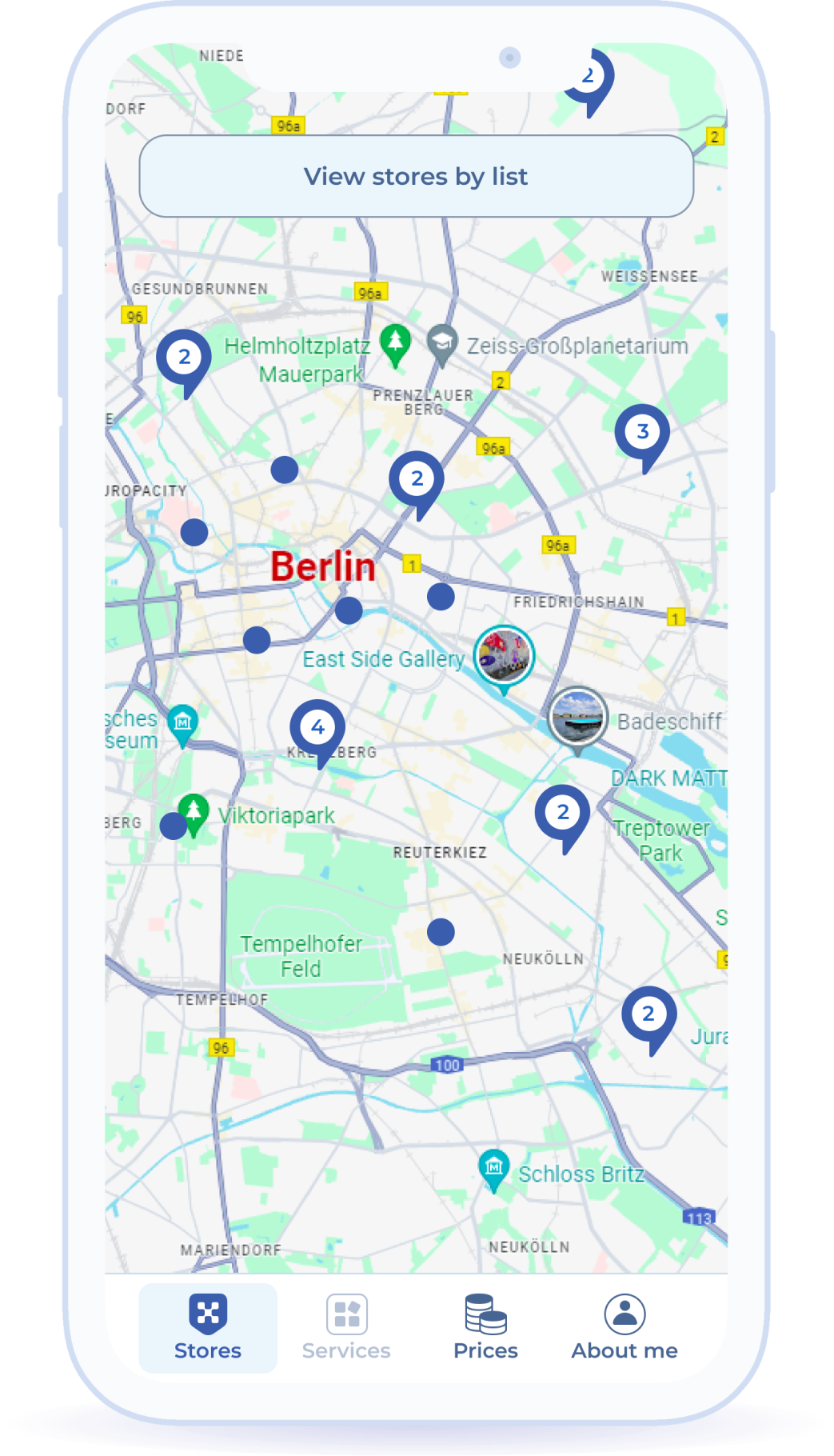 Display of warehouses on the city map and in a list