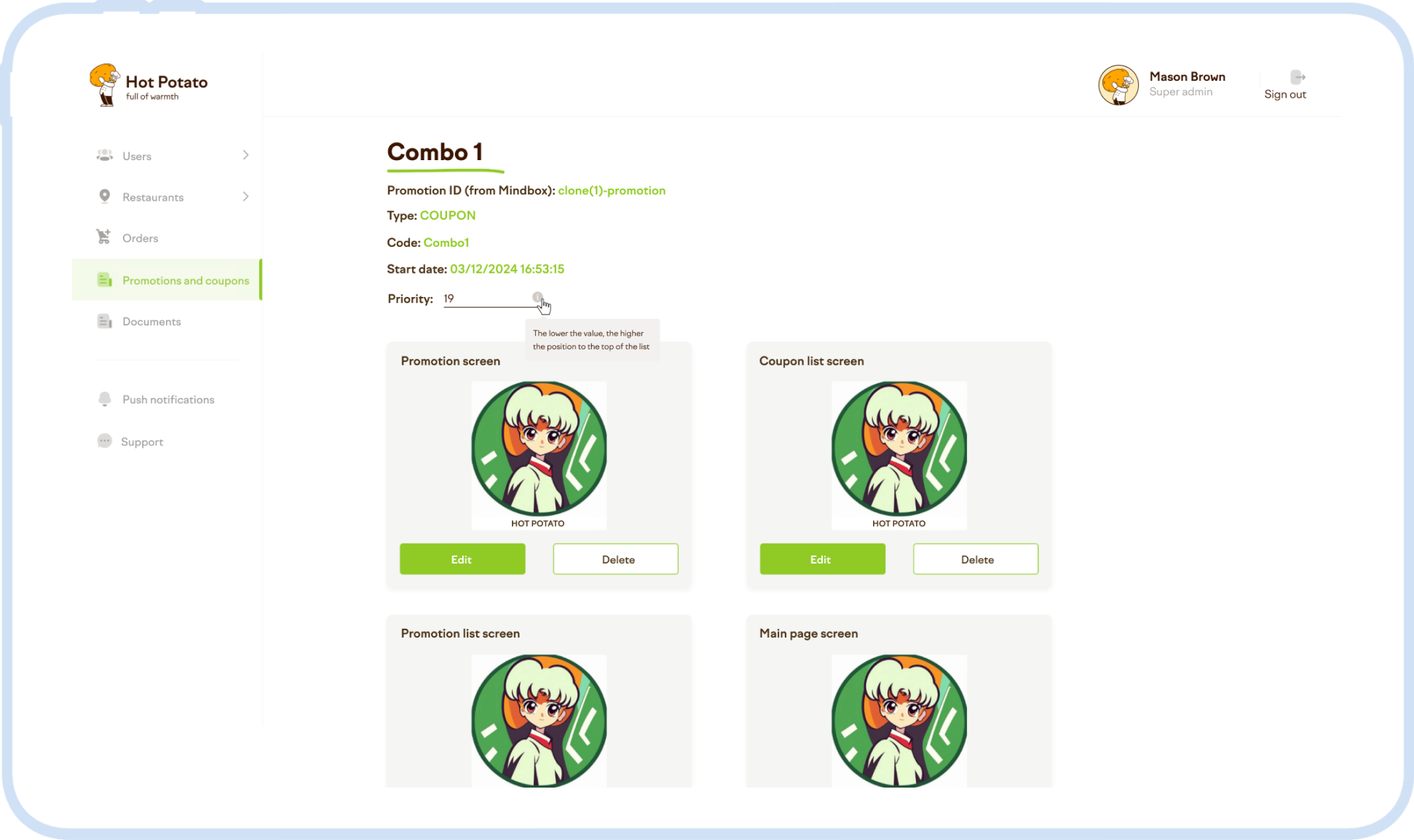 Meal cards with a description and the price, composition, calories, etc.