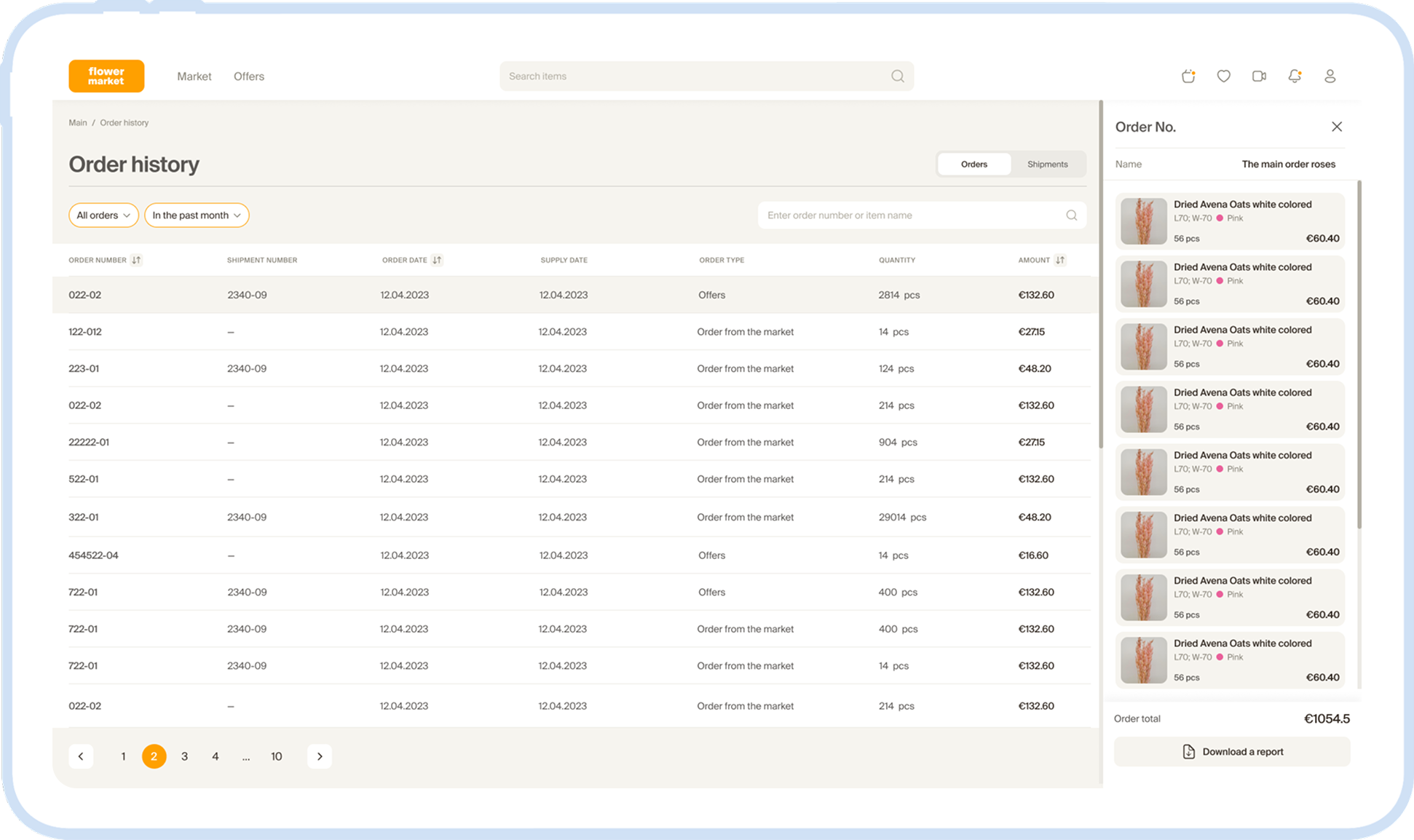 Order and shipment history, shipment status